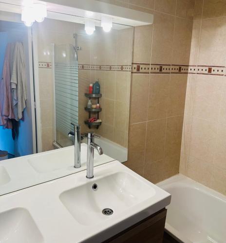 une salle de bain avec un lavabo, une douche et une baignoire dans l'établissement Logement terrasse chute la vie, à Marseille