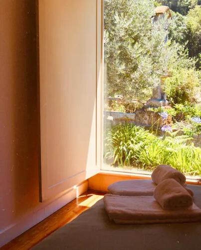 a teddy bear sitting on a pillow in front of a window at Gerês - Aldeia Turística de Louredo in Vieira do Minho