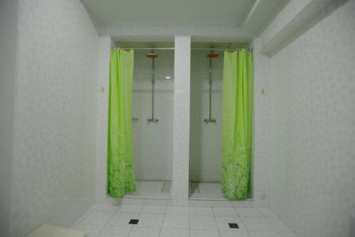 a bathroom with a shower with green shower curtains at City Line Boutique Hotel in Tashkent