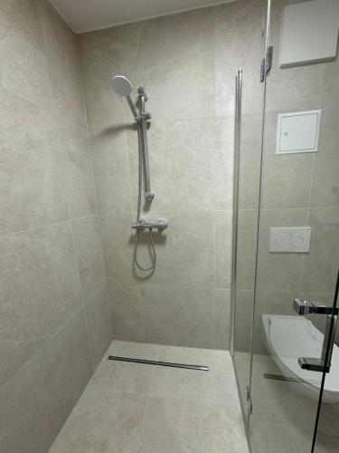 un bagno con doccia e lavandino di City Ferien Wohnungen 9 a Rosenheim