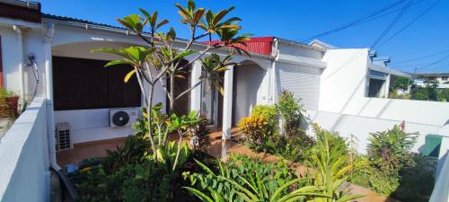 a white house with plants in front of it at Maison la Casa Créole, spa, emplacement central in Les Abymes