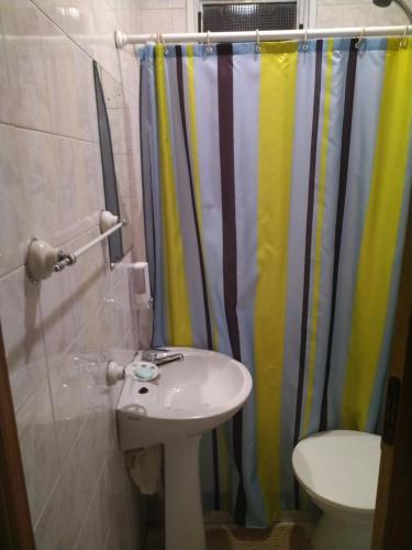 Un baño con lavabo y cortina de ducha. en Lofalu, en Gobernador Gregores