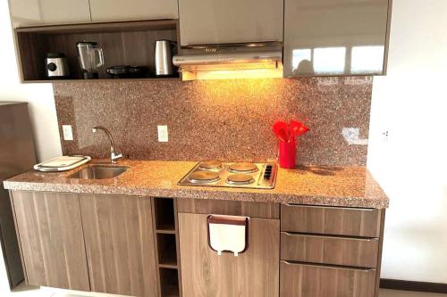 a kitchen with a sink and a counter top at Dpto 1 dorm en Alto Busch 704 - COMO EN CASA in Santa Cruz de la Sierra