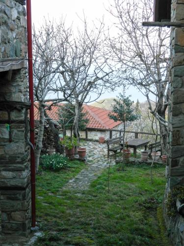 a garden with a bench and some trees and grass at Guesthouse Klearchos in Palaios Panteleimon