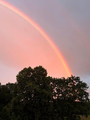 a rainbow in the sky over some trees at Holiday Hill Karpnki, Sauna, Domek Hygge-balia, Domek Lagom-jacuzzi in Karpniki