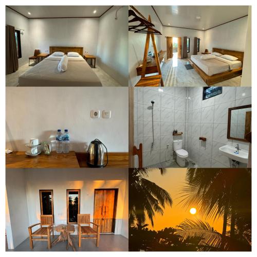 a collage of four pictures of a hotel room at Sunari Beach Resort 2 in Selayar
