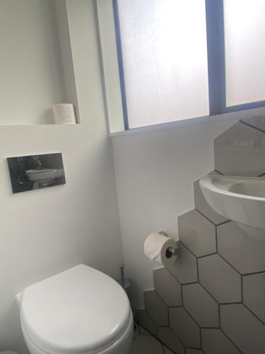 a white bathroom with a toilet and a sink at Christchurch Airport Tiny House in Christchurch