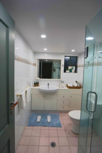 a bathroom with a sink and a toilet and a shower at Chiswick Waterfront Retreat in Sydney