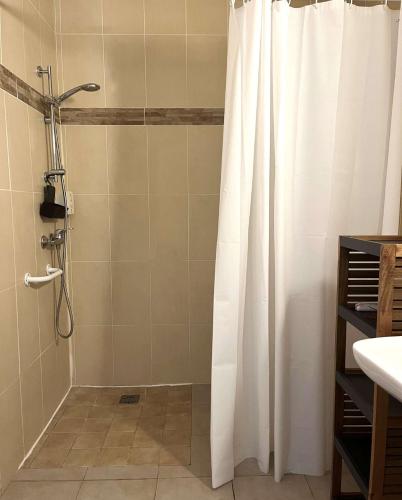 une douche avec un rideau de douche dans une salle de bain dans l'établissement SAINT-FLORENT Studio PISCINE FLO300-146, à Saint-Florent