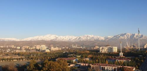 a city with snow capped mountains in the background at Dushanbe City in Dushanbe