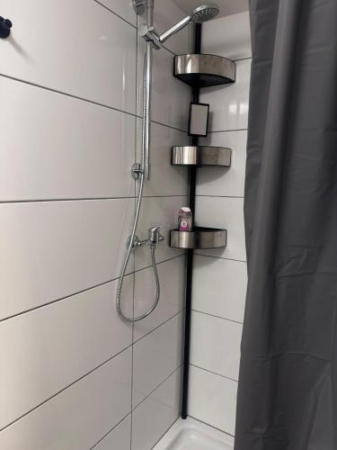 a shower with a shower head in a bathroom at MaRu Living M71 in Cologne