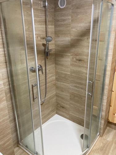 a shower with a glass door in a bathroom at Chaty Nad Koupalištěm in Borowa