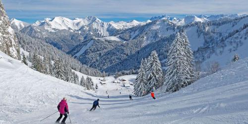 a group of people skiing down a snow covered mountain at Chalet Ermena in Saint-Jean-dʼAulps
