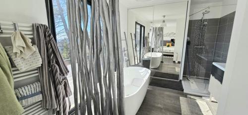 une salle de bain avec une baignoire, des toilettes et une douche dans l'établissement Maison contemporaine avec piscine vue dégagée, à Draguignan