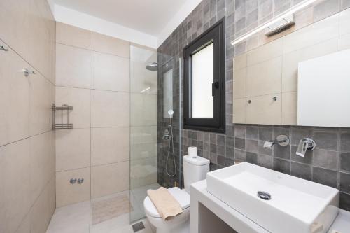 Un baño con lavabo, inodoro y ducha. en Villa Petra, en Trapezaki