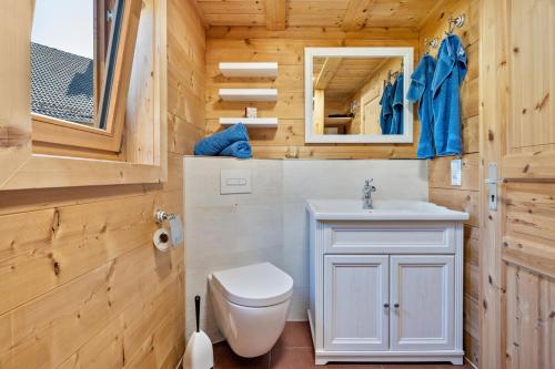 a bathroom with a white toilet and a sink at Tinyhaus im Eselgarten in Lommatzsch