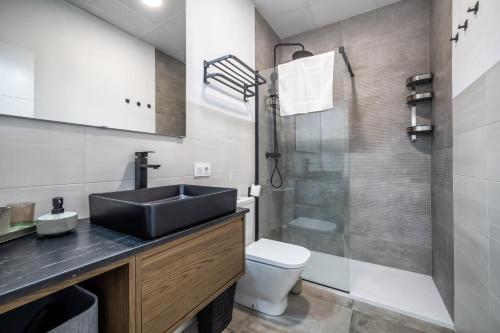 une salle de bain avec un lavabo, des toilettes et une douche dans l'établissement El Oasis de San Pedro, à Cordoue