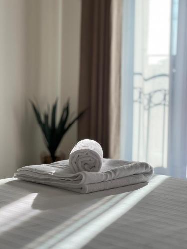 a towel sitting on top of a bed at Pensiunea Villa D'Amici in Moşniţa Nouă