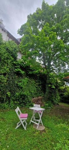a table and a chair sitting next to a table and a bench at Magic Garden in the heart of Ljubljana in Ljubljana