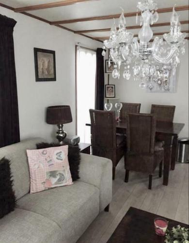 un soggiorno con divano e sala da pranzo di Verzorgd chalet in de Betuwe op park met natuurbad a Beesd