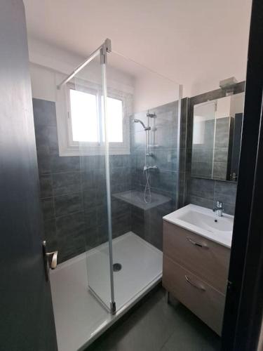 une salle de bain avec douche et lavabo dans l'établissement Joli T3 3 min gare Perpignan, à Perpignan