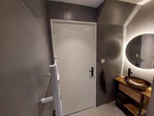 a bathroom with a sink and a mirror at Gite Charassat in Saint-Marcel-en-Marcillat