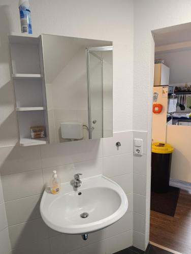 a bathroom with a sink and a mirror at Ferien- Monteurwohnung bis 6 Personen in Markranstädt