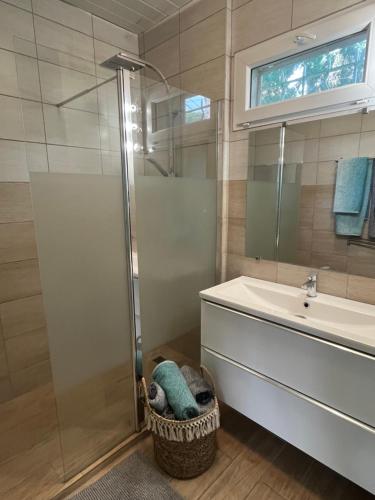 une salle de bain avec une douche, un lavabo et un miroir dans l'établissement Presqu ile de Giens T4 proche plages, à Hyères