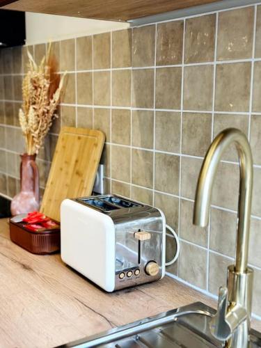 a toaster sitting on a kitchen counter next to a sink at Suite Marrakech - Rennes centre in Rennes