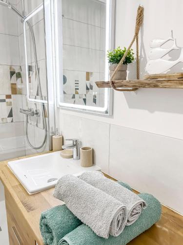 a bathroom with a sink and a shower at Le Refuge des Sables in Les Sables-dʼOlonne