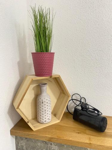 a wooden shelf with a vase and a plant on it at Motel Q- das kleine Stadthotel in Dingolfing