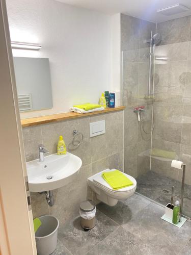 a bathroom with a shower and a toilet and a sink at Motel Q- das kleine Stadthotel in Dingolfing
