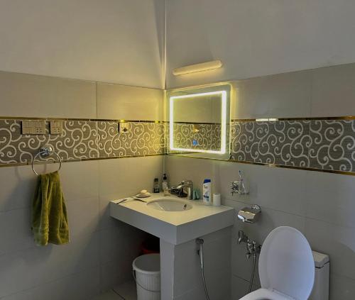 a bathroom with a sink and a toilet and a mirror at Cozy Farmhouse Retreat in Mardan