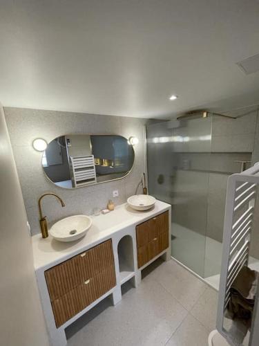 La salle de bains est pourvue de 2 lavabos, d'un miroir et d'une douche. dans l'établissement Maison en pierre avec sa piscine chauffée, à Le Bouscat