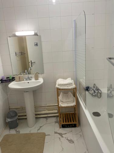 une salle de bain avec un lavabo, une douche et un miroir dans l'établissement Apparemment lumineux vue Tour Eiffel, à Paris