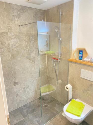 a bathroom with a glass shower with a toilet at Motel Q- das kleine Stadthotel in Dingolfing