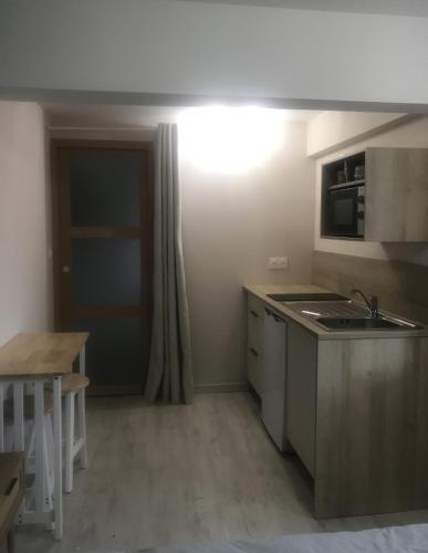 une petite cuisine avec un évier et une cuisinière dans l'établissement Studio neuf dans maison avec piscine partagée, à Riom
