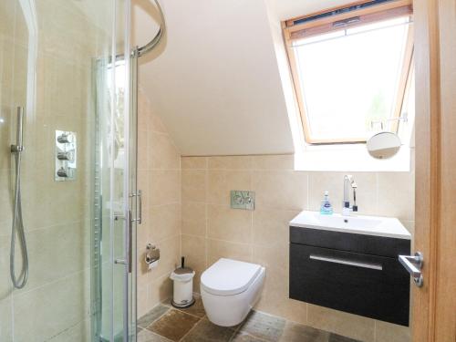 Un baño con inodoro, lavabo y ducha. en Taighean Anndra, en Killin
