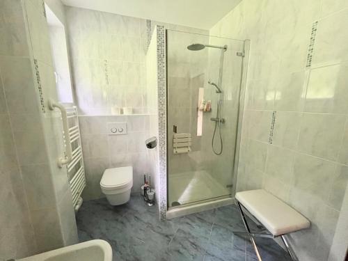 un baño con ducha y WC en Forestside Raceway Hideaway, en Oberweg