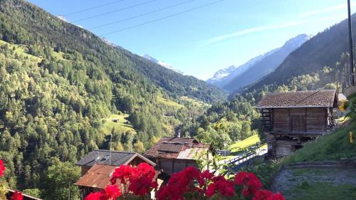 a group of buildings on a hill with mountains at Auberge Restaurant les Aiguilles Rouges in Hérémence