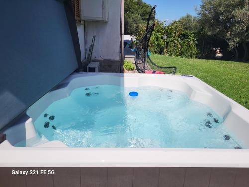 a bath tub filled with blue water in a yard at Fuori dal Borgo.... in Vitorchiano