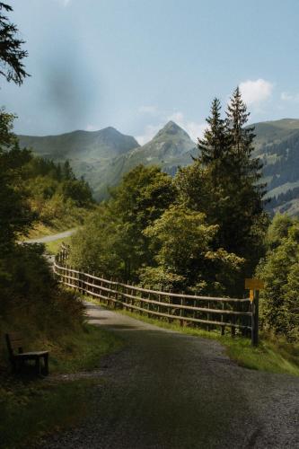 a road with a fence and mountains in the background at Hotel Salzburg in Saalbach Hinterglemm