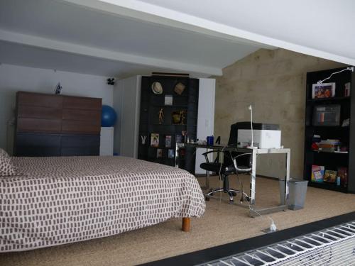 ein Schlafzimmer mit einem Bett und einem Schreibtisch mit einem Computer in der Unterkunft Loft Bordeaux Près du Tram in Bordeaux