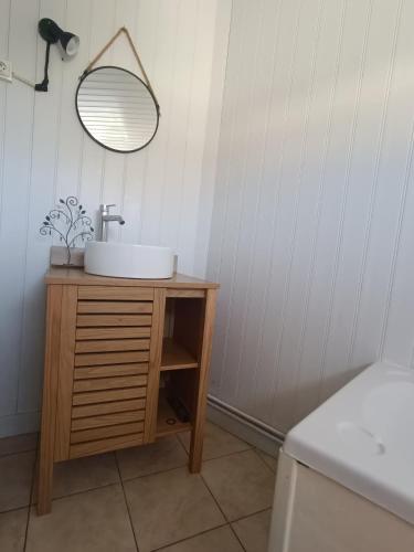 une salle de bain avec un lavabo et un miroir dans l'établissement La Hourdeloise appartement 100m de la mer à Cayeux, à Cayeux-sur-Mer