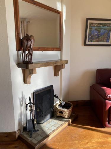 a living room with a tv and a mirror at No 10 Coastguard Station in Renvyle