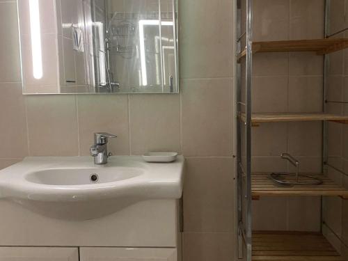 La salle de bains est pourvue d'un lavabo, d'un miroir et d'étagères. dans l'établissement Appartement T1 avec balcon, climatisation et parking à Balaruc-les-Bains - FR-1-553-267, à Balaruc-les-Bains