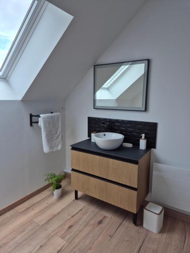 une salle de bain avec un lavabo et un miroir dans l'établissement Logement neuf tout équipé, au Havre