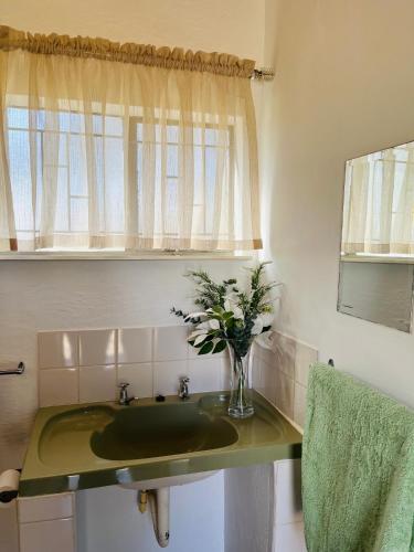 a bathroom with a green sink with a vase of flowers at BelofteBos Farmhouse Inn in Bandelierkop