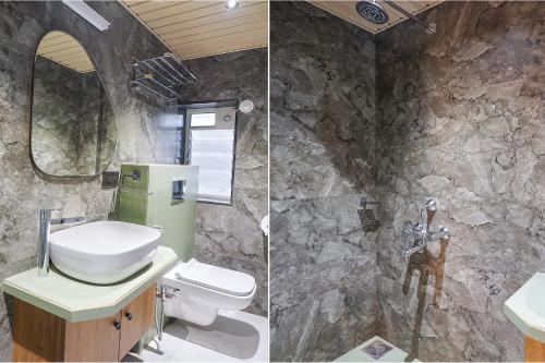 two pictures of a bathroom with a toilet and a sink at Oriva Shourya Residency - Nr Maharshi Karve Museum in Pune