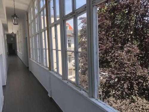 an empty hallway with windows in a building at Paraderma Apartment im Zentrum Baden bei Wien in Baden